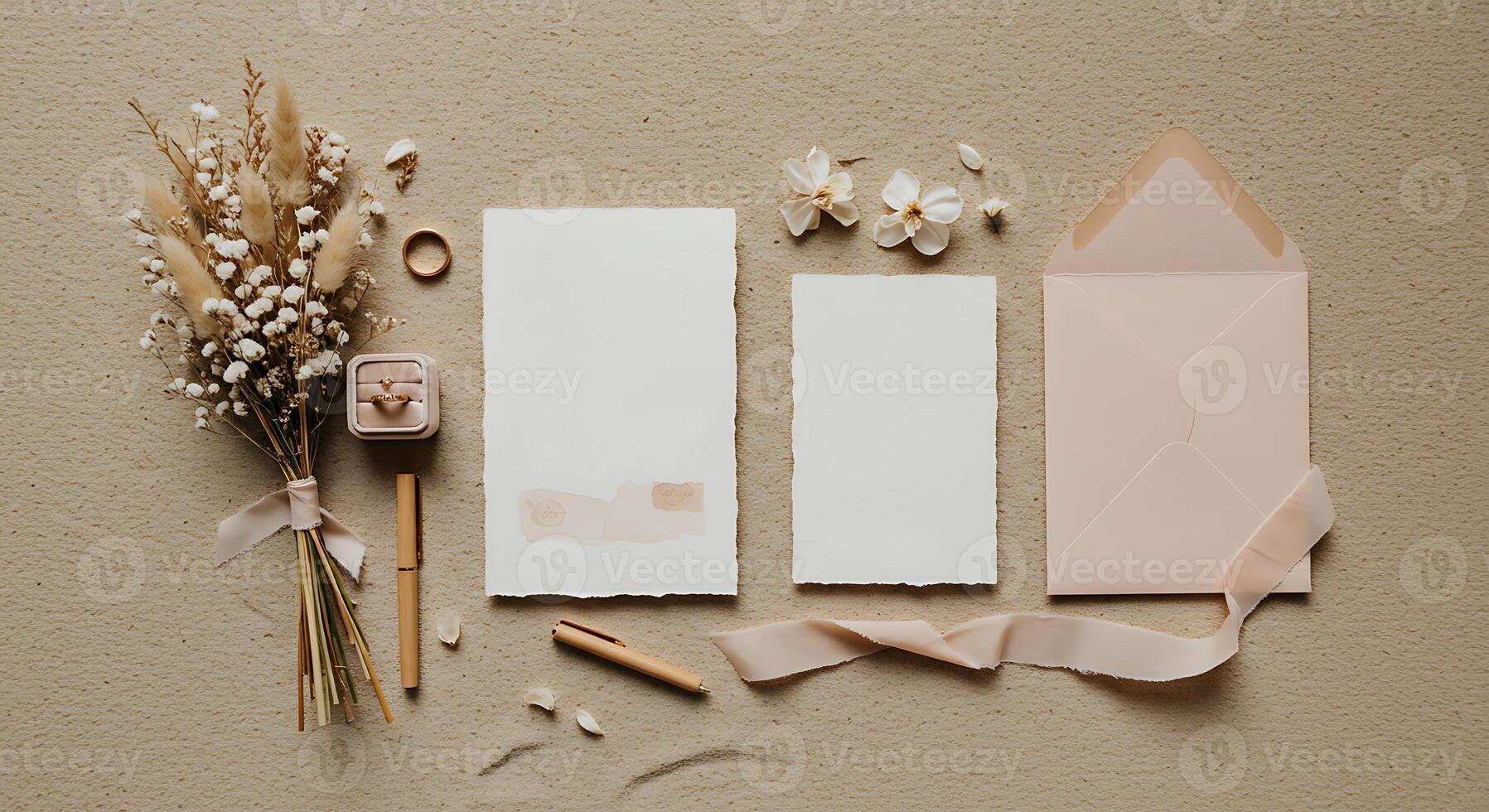 A bouquet of flowers, a note, and a pen on a beige background photo