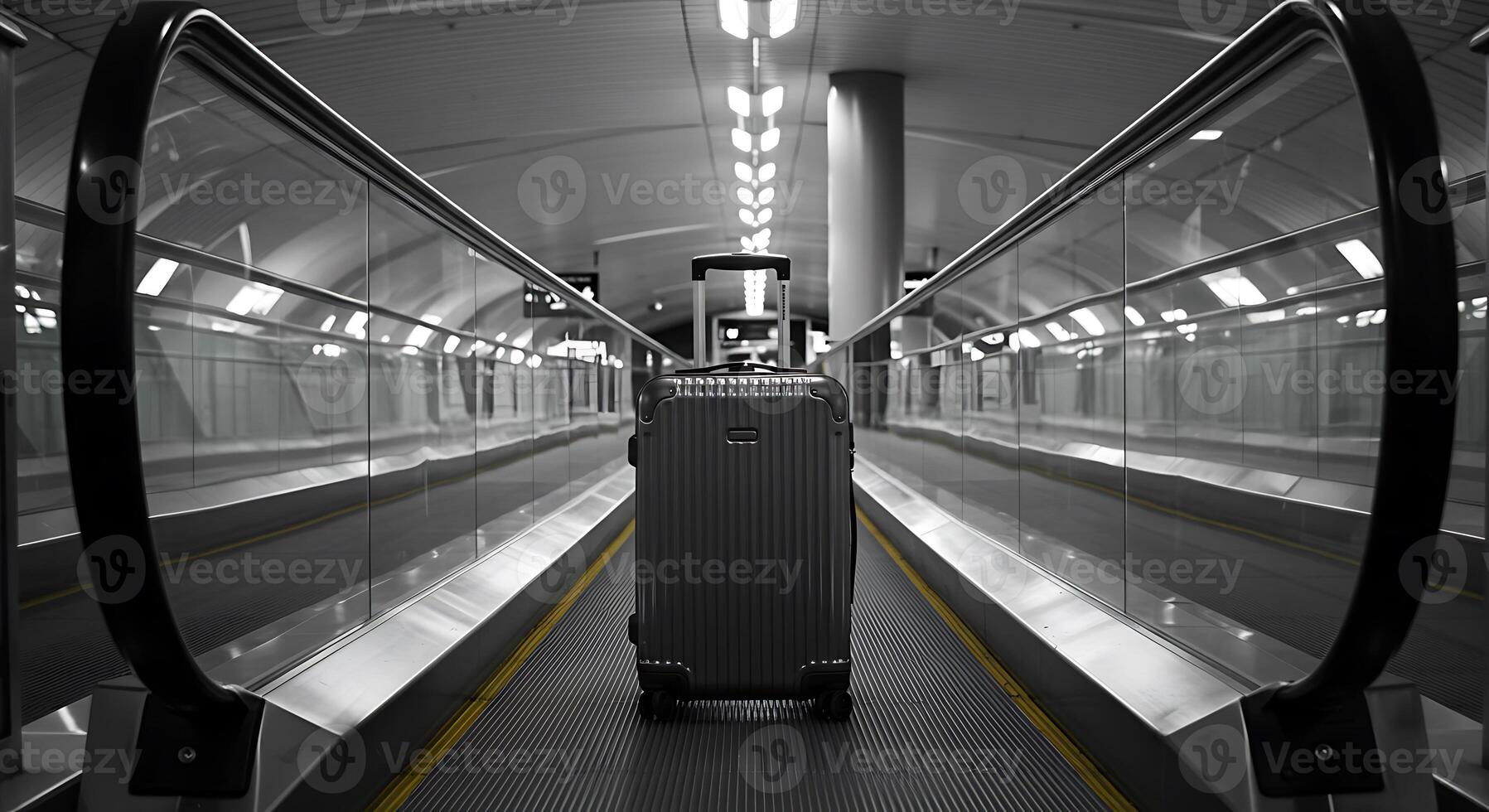 A black and white photo of a luggage bag on an escalator