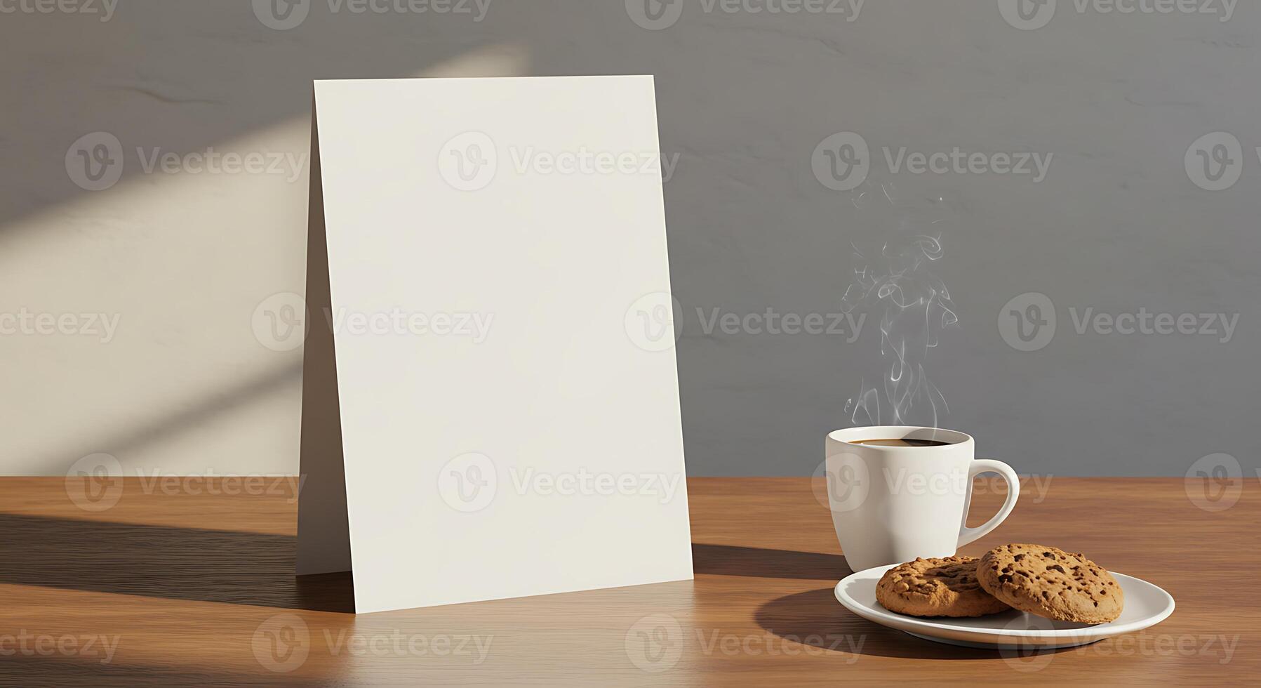 A white blank sign on a table next to a cup of coffee photo