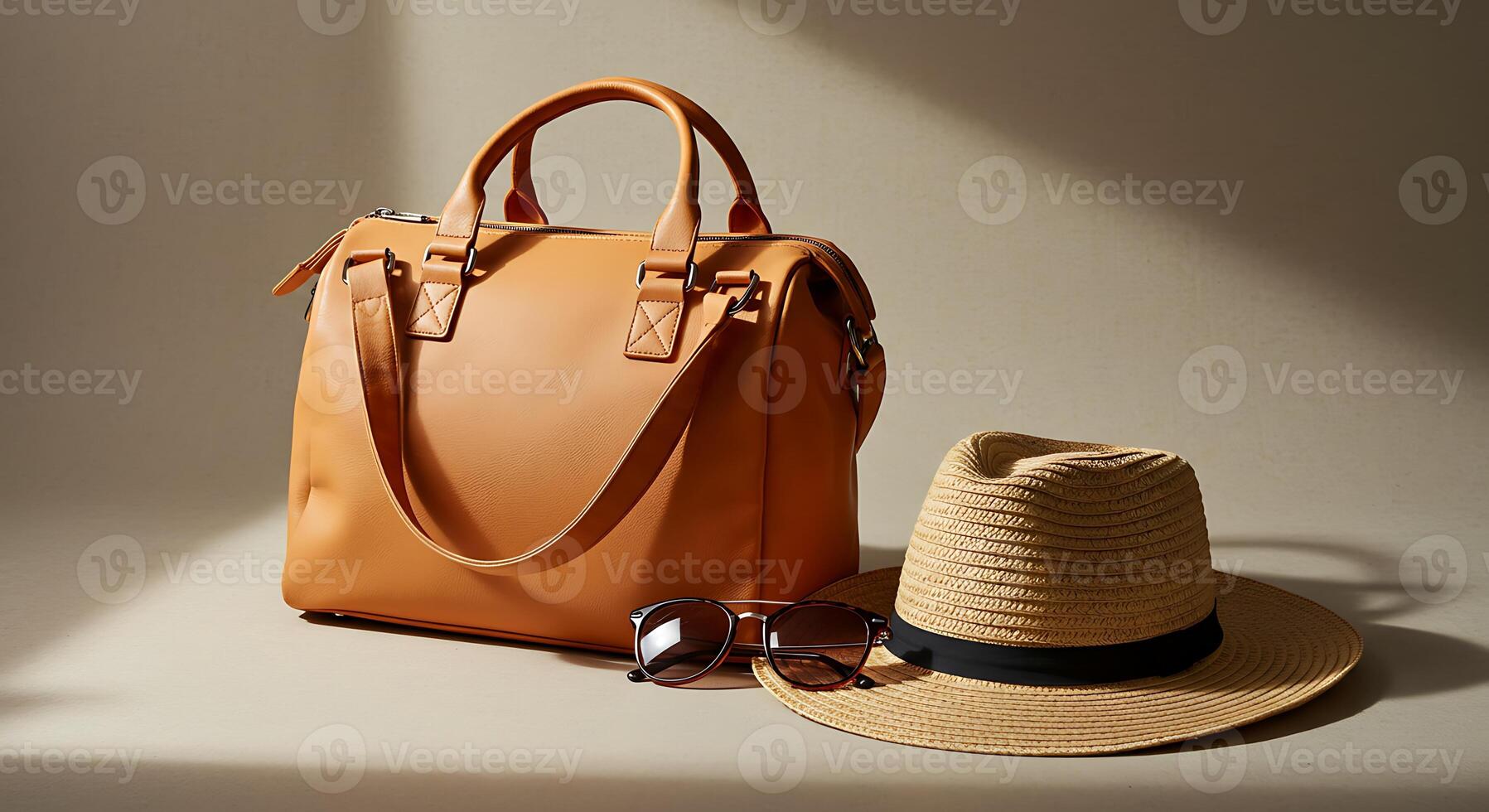 A tan handbag, sunglasses and hat are on a table photo
