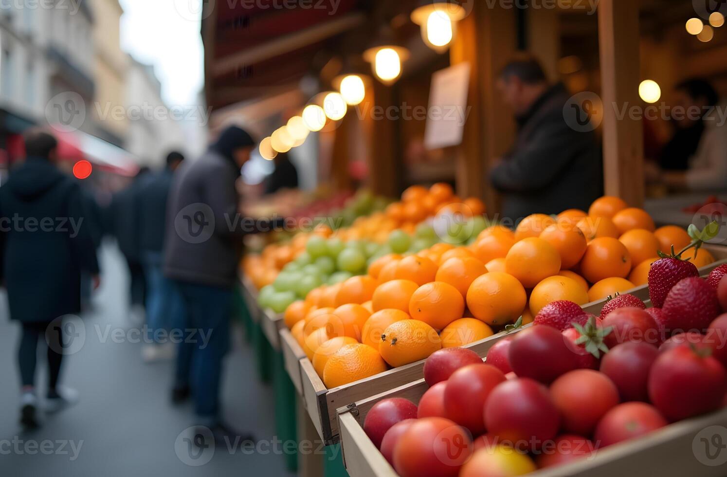 Vibrant City Market Stall Overflowing with Fresh Oranges and Apples photo