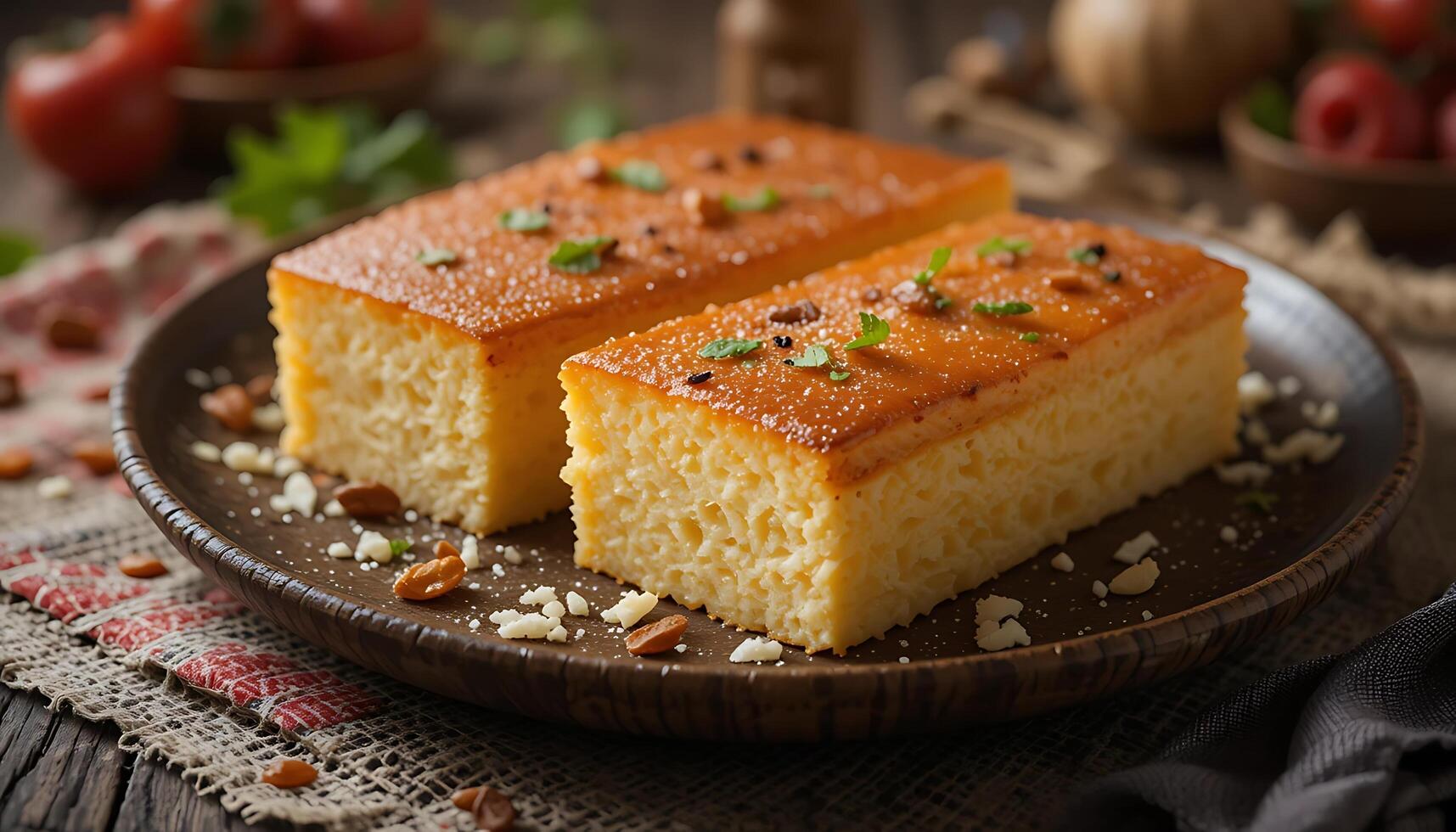 Two pieces of cornbread on a plate with cheese and herbs photo