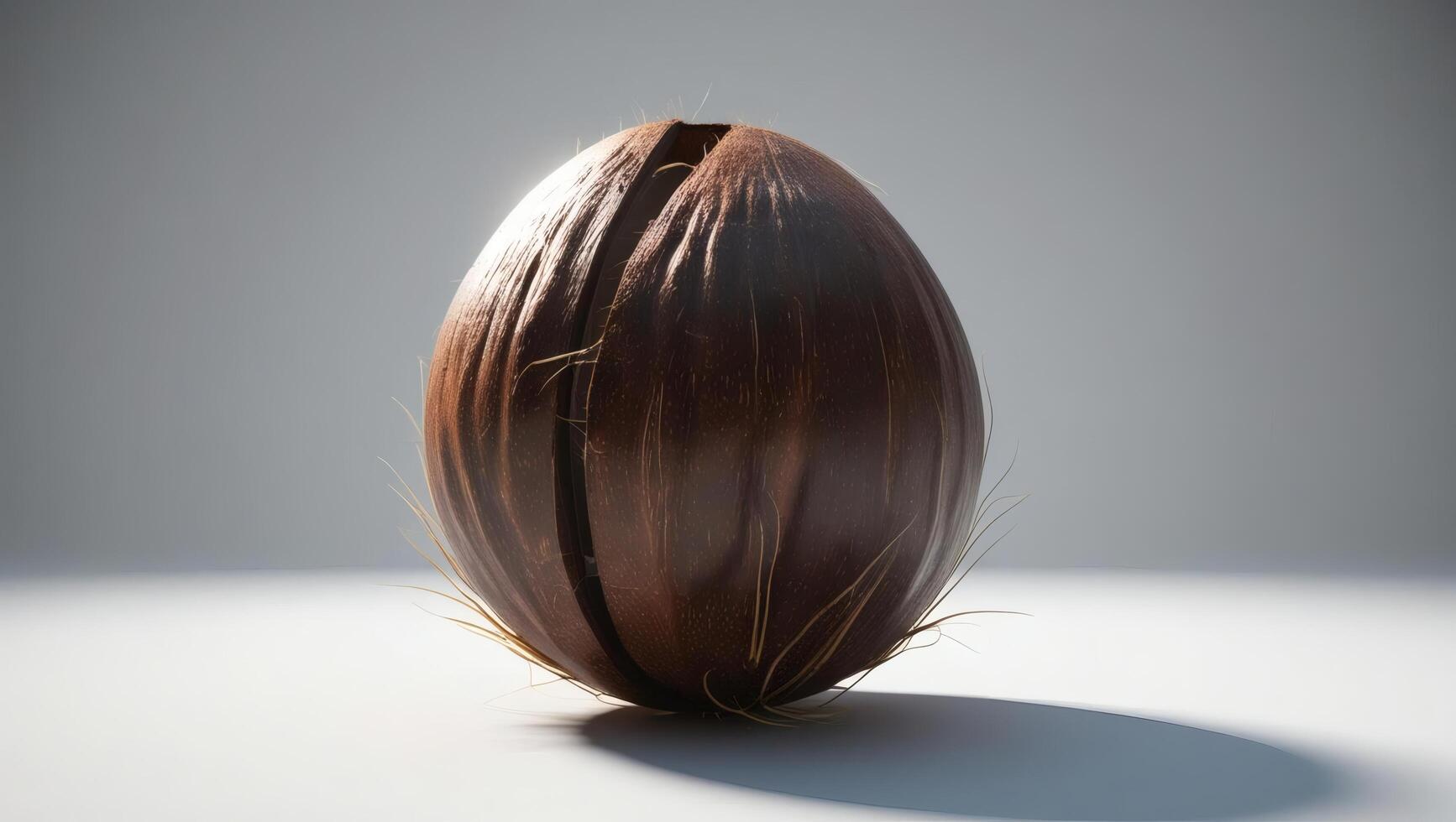 A coconut shell is shown on a white surface photo