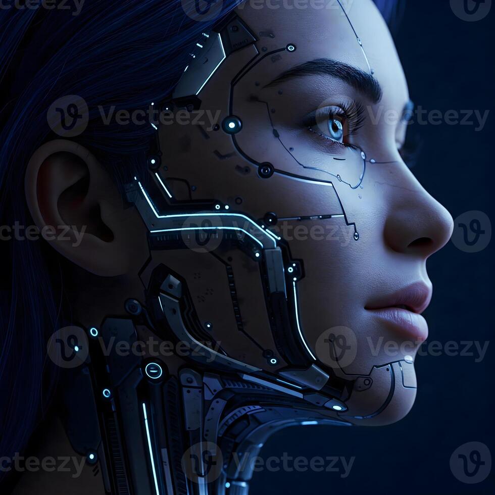 Close-up profile of a young adult female face with integrated cybernetic elements glowing blue, representing advanced technology and the future photo