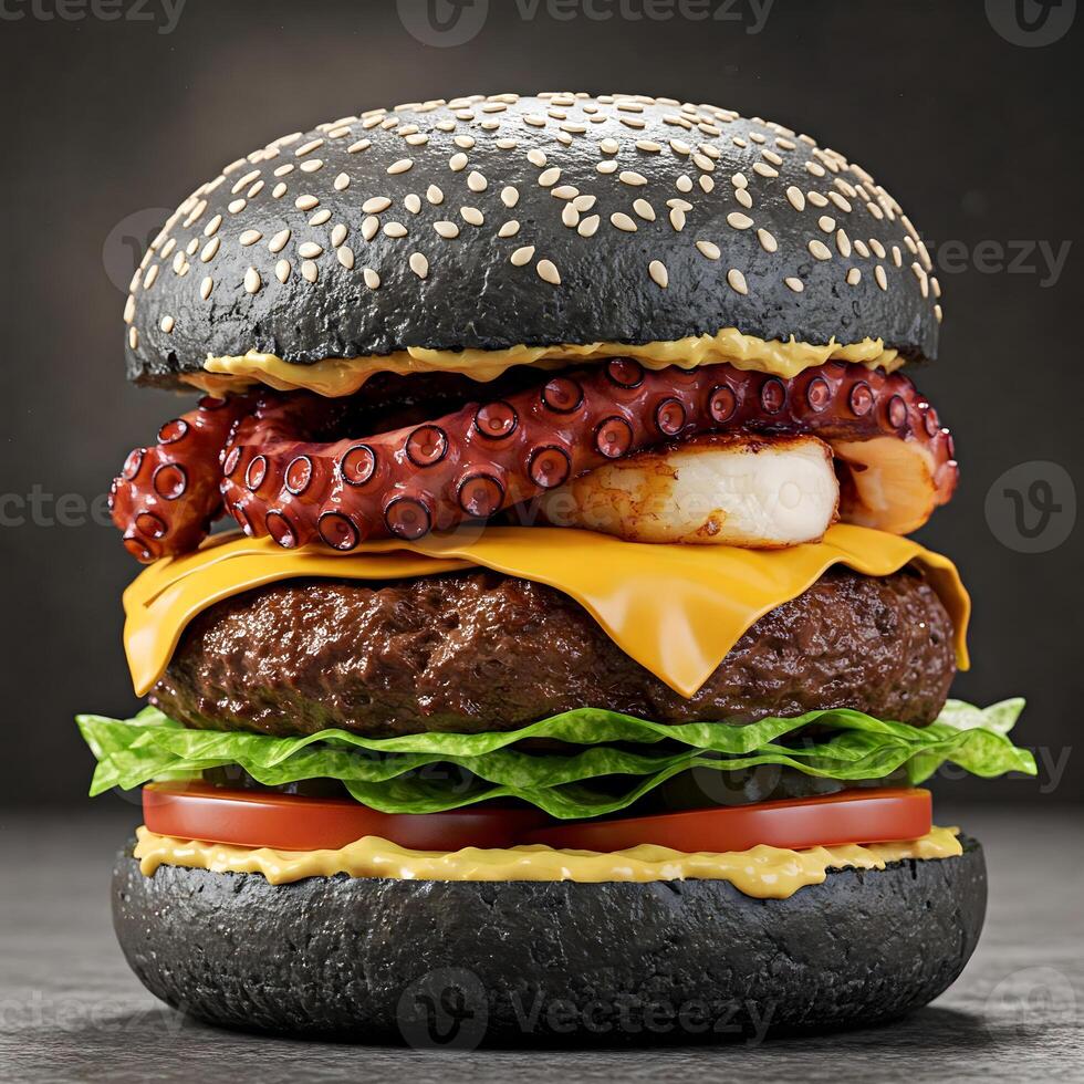 A creative burger features a black bun and is topped with meat patty, cheese, vegetables, and octopus tentacles photo