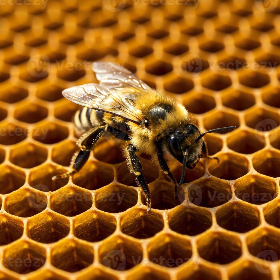 A close-up view of a bee standing on a detailed hexagonal honeycomb structure photo