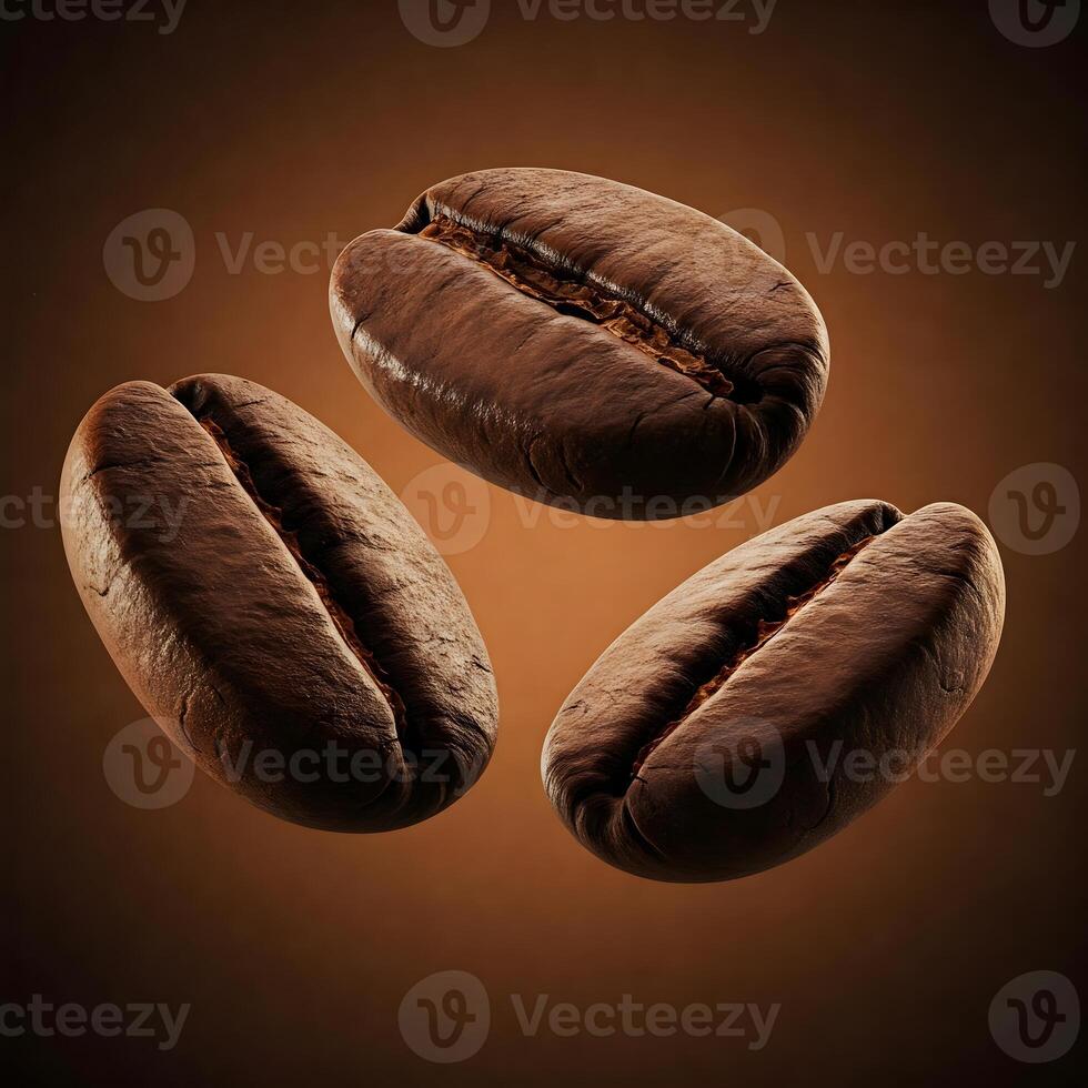 Three brown coffee beans are suspended in mid-air against a warm gradient background, showing detailed texture photo