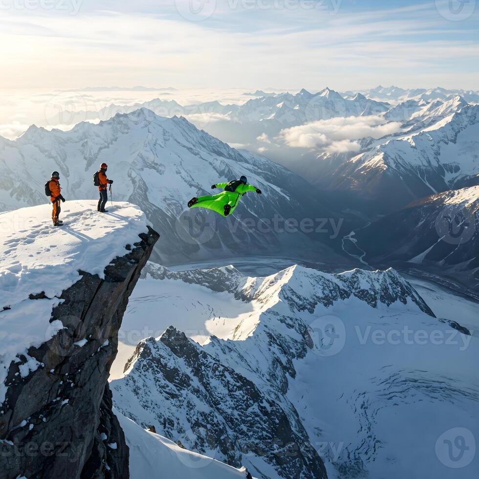 A wingsuit flyer jumps from a snowy mountain peak while two figures watch, with a vast mountain range in the background photo