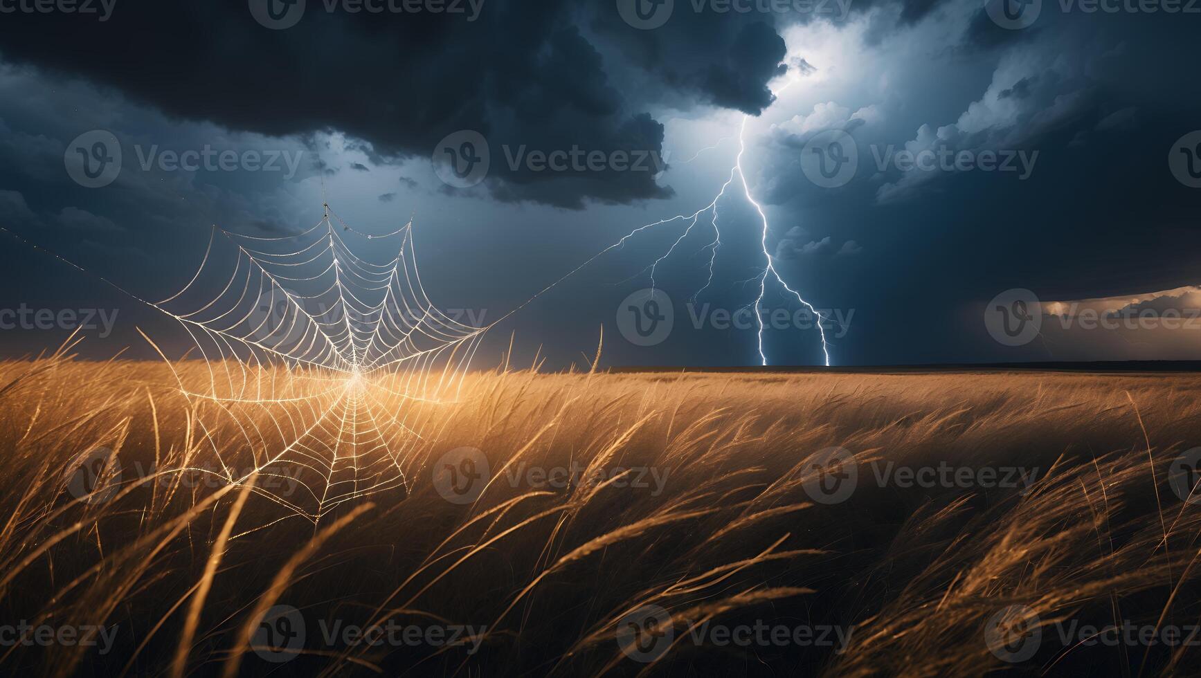 Spiderweb Over Grass Field During a Thunderstorm photo