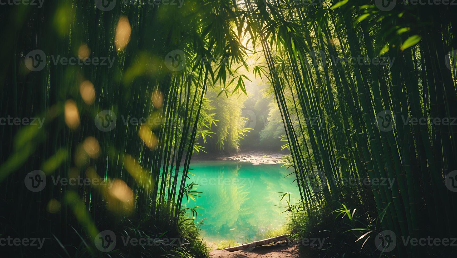 Bamboo Forest with Turquoise Lake View Landscape photo