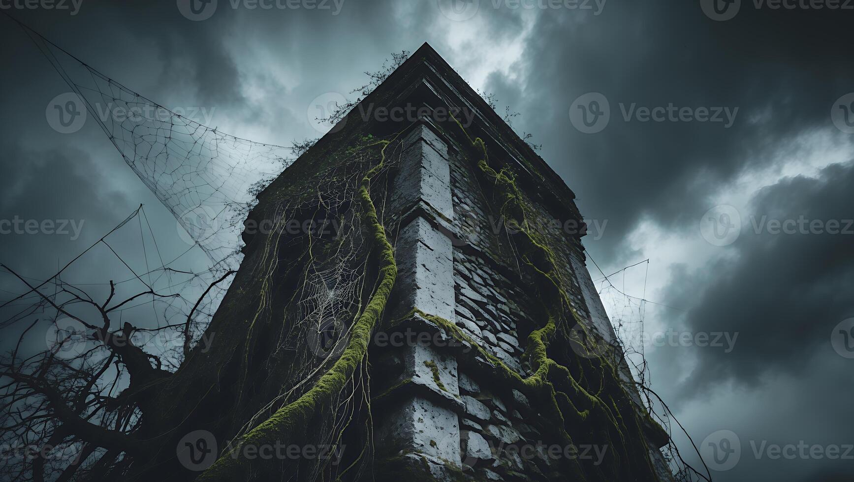 Stone Tower Overgrown with Moss Under a Dark Cloudy Sky photo