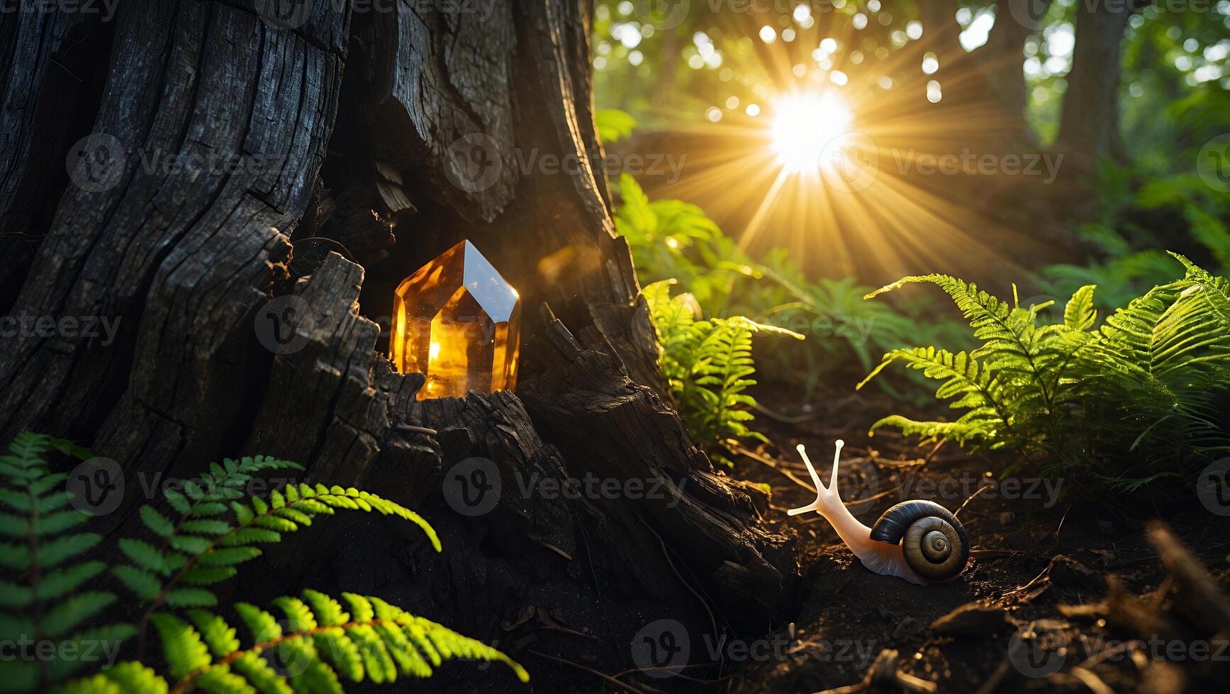 Snail and Crystal in a Forest at Sunset photo