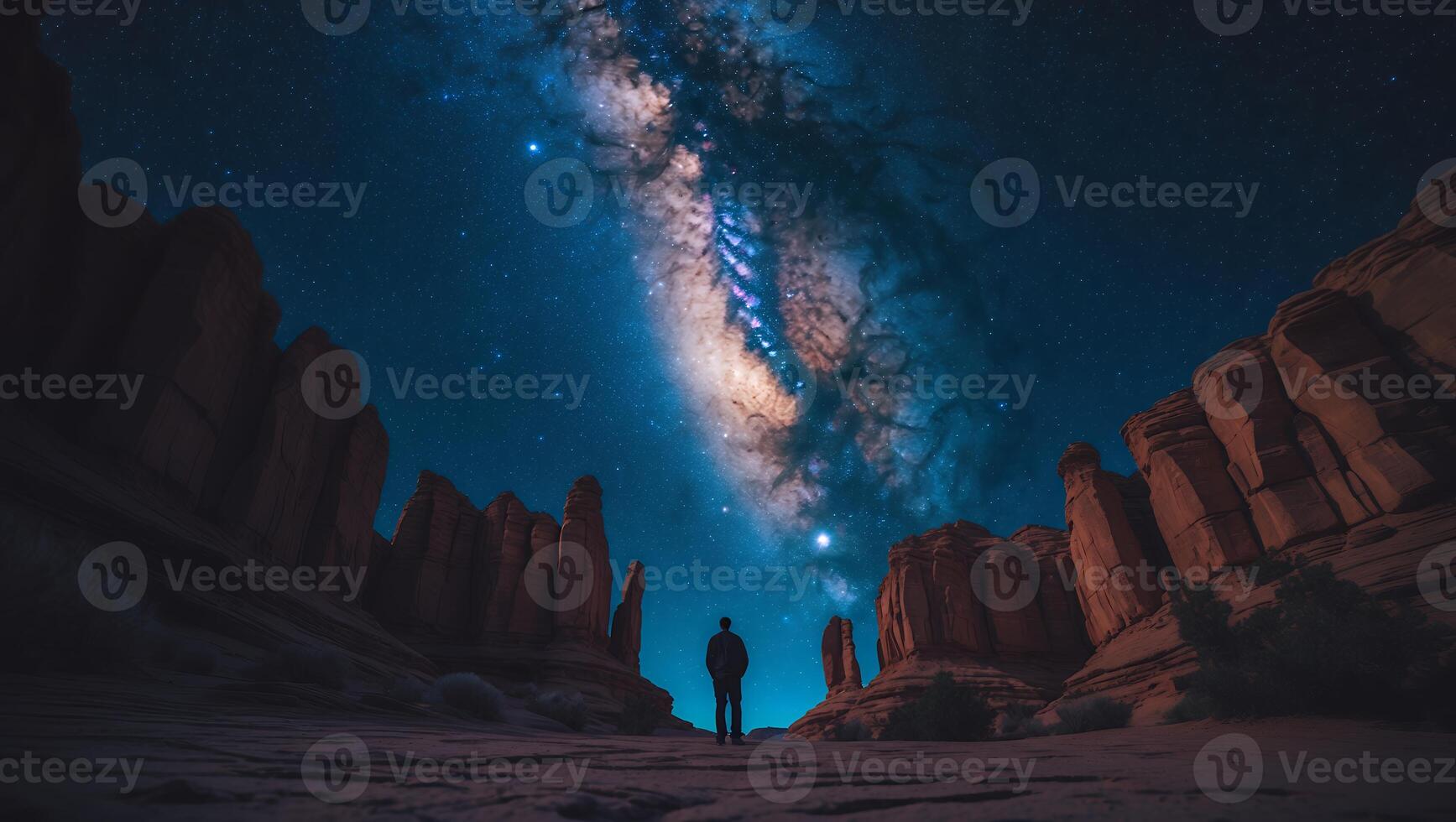 Man Under Night Sky and Stars in Desert Landscape photo