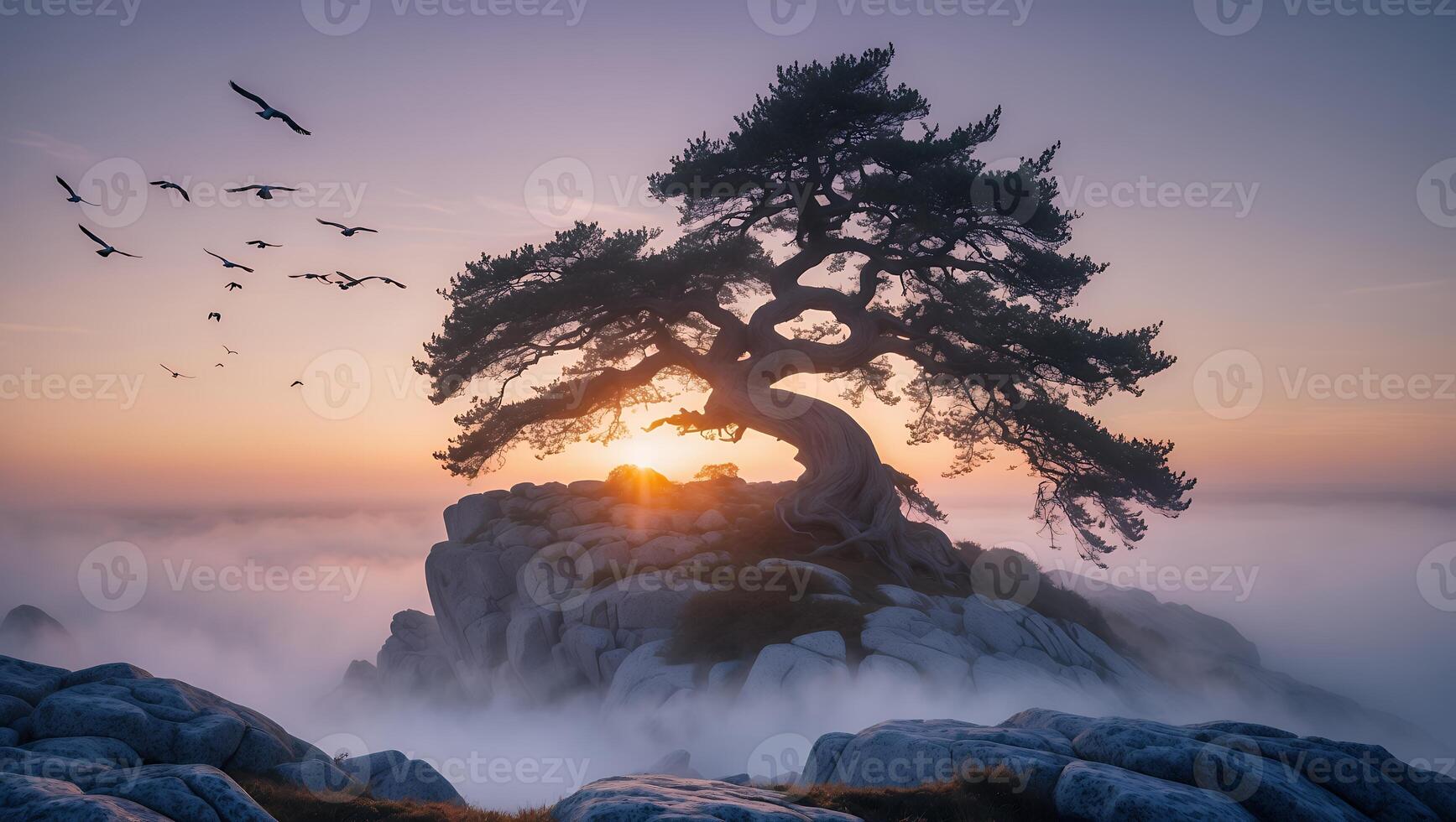 Tree on Rock with Birds in Sky at Sunset photo
