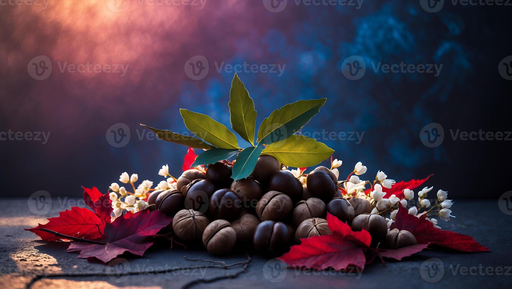 Pile of Nuts with Leaves and Flowers on Surface photo