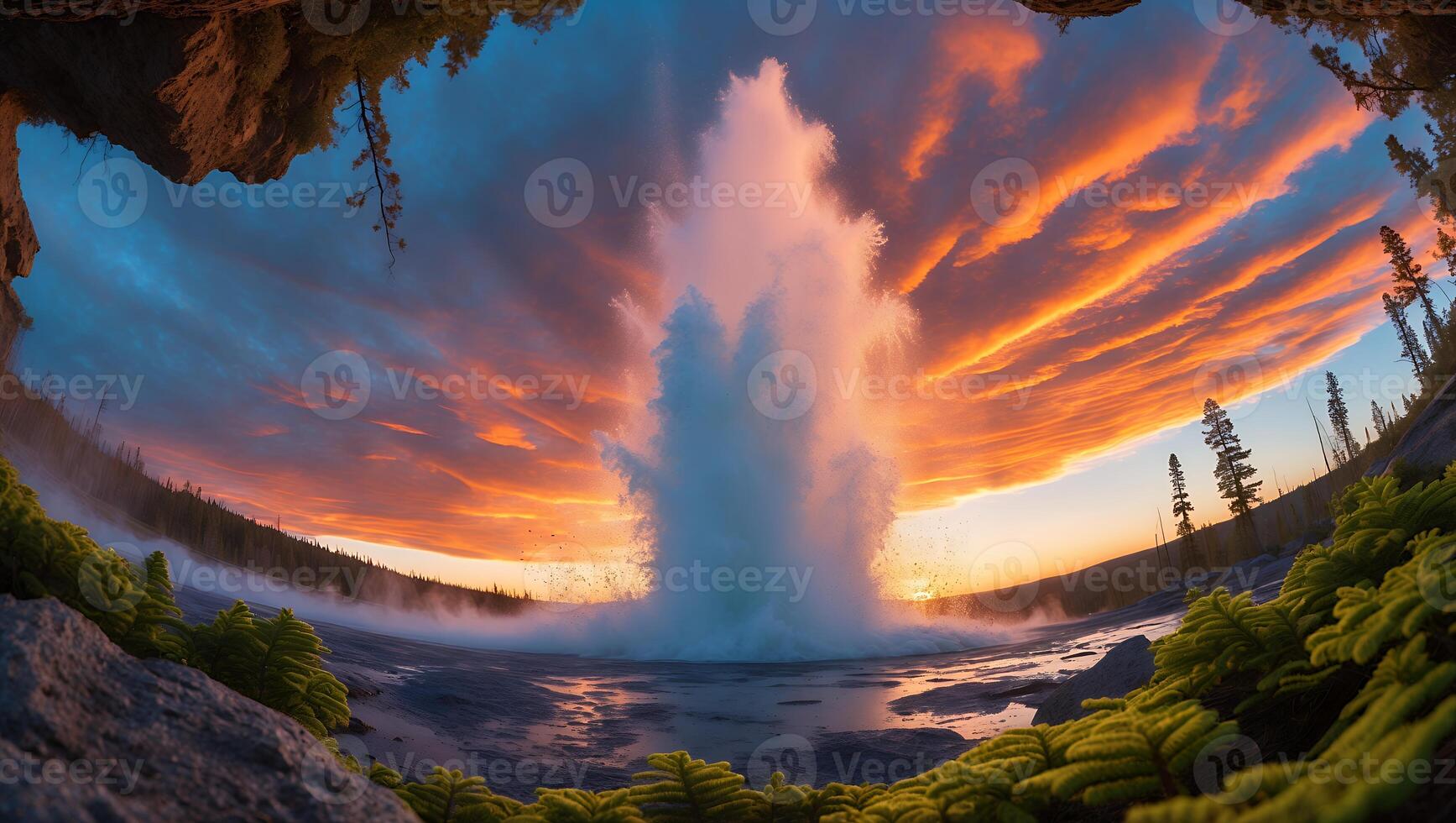 Geyser Eruption at Sunset in Nature photo