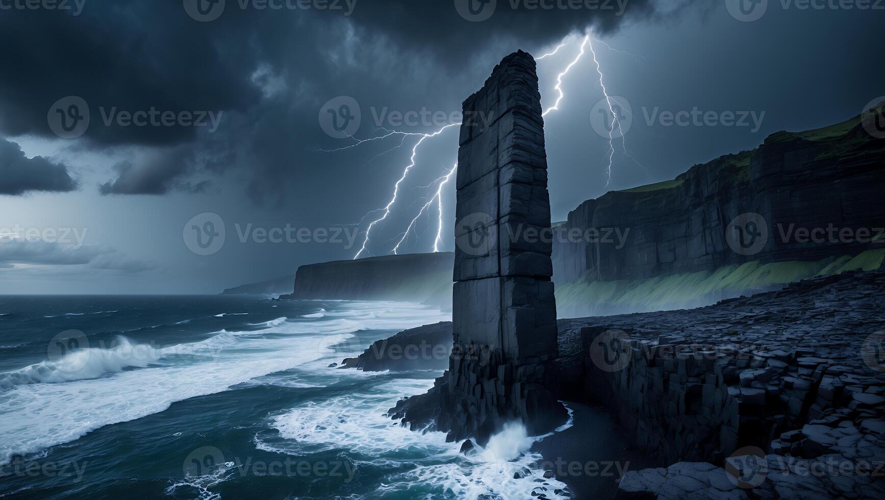 Stormy Seascape with Rock Formation and Lightning photo