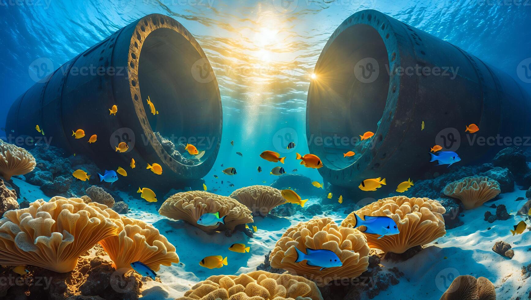 Underwater Pipes with Coral and Fish photo