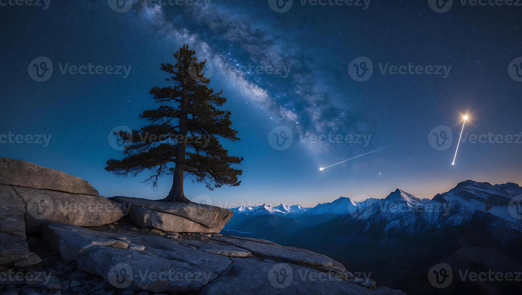 Milky Way and Tree on Rock with Shooting Stars photo
