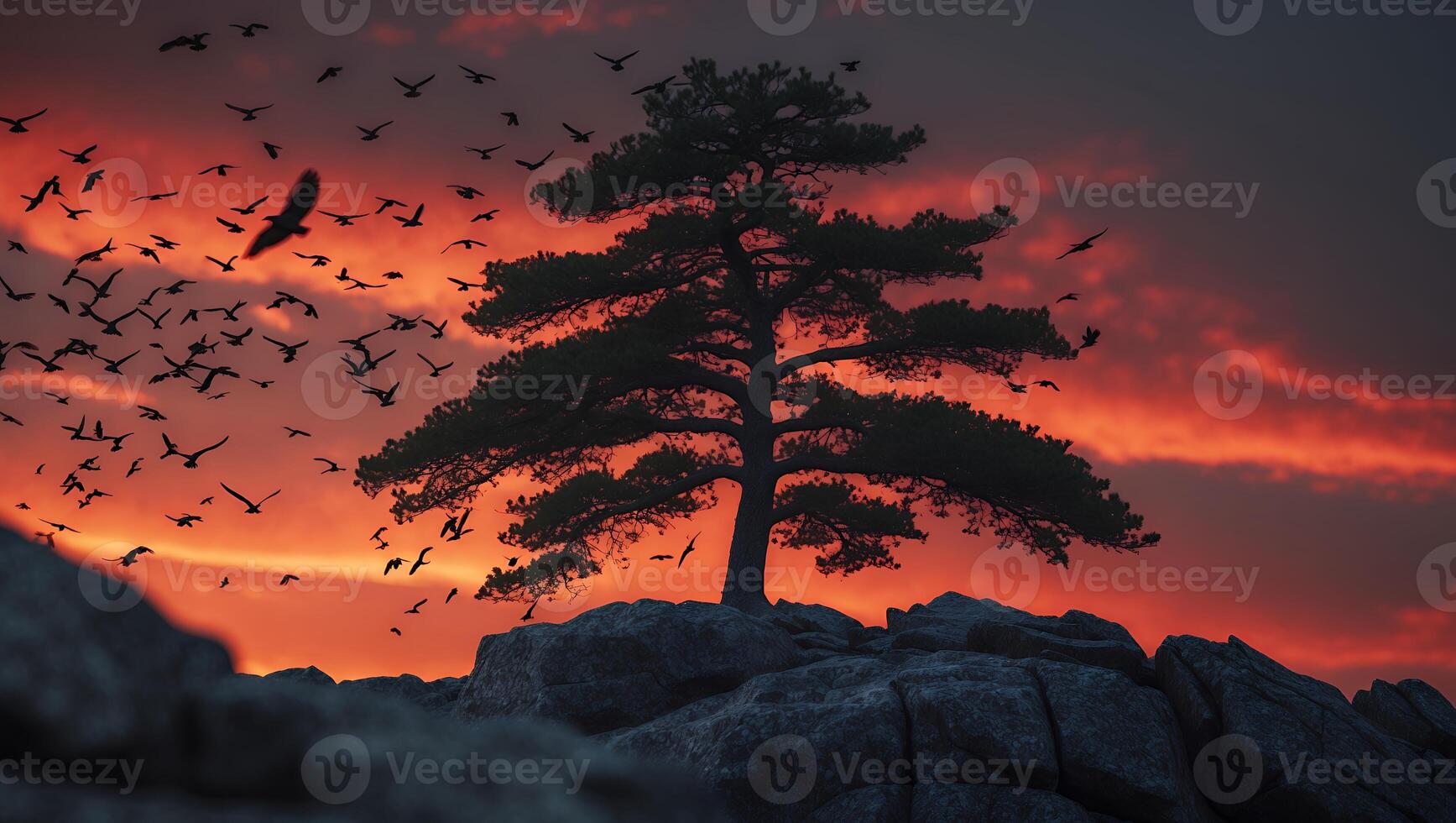 Tree and Bird Silhouette at Sunset photo