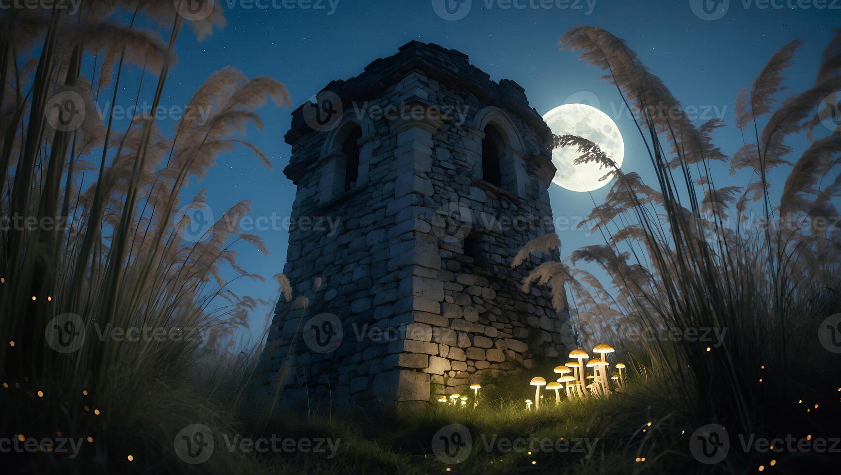 Stone Tower in Moonlight with Glowing Mushrooms in Field photo