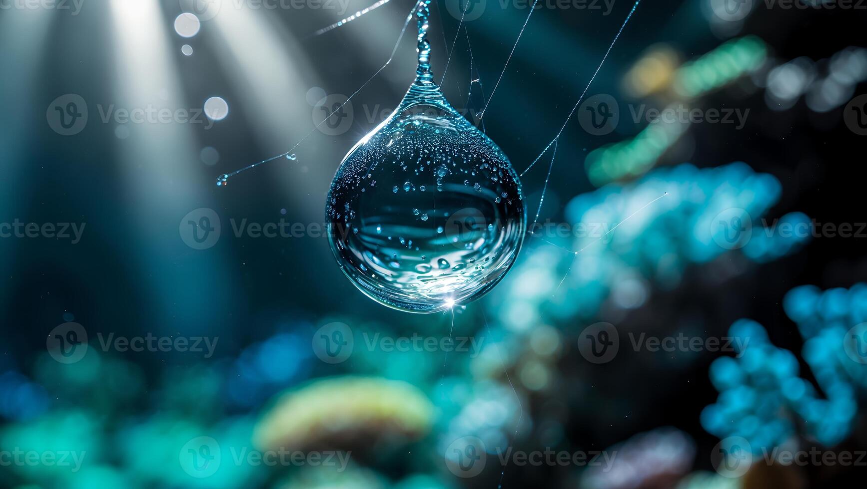 Water Drop on Spider Web in Blue Light photo