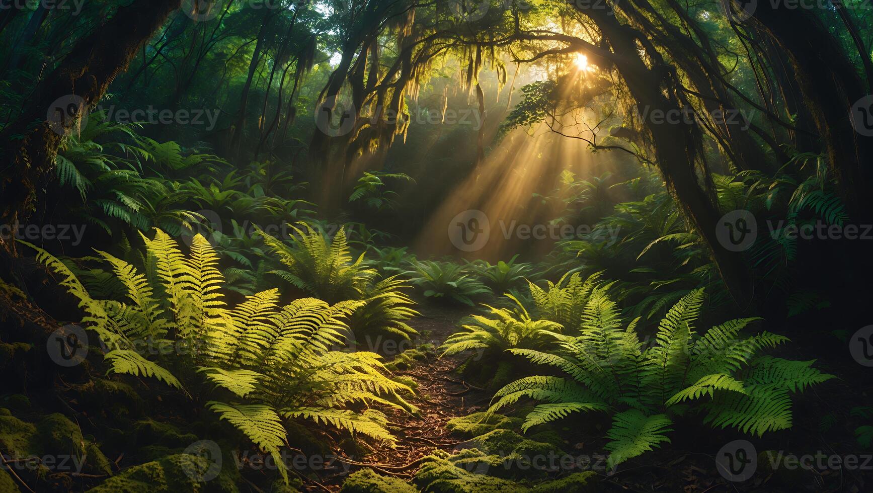 Fern Forest with Light Beam Through Tree Canopy photo