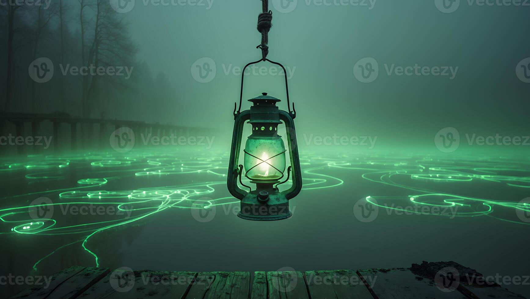Hanging Lantern on Lake at Night photo