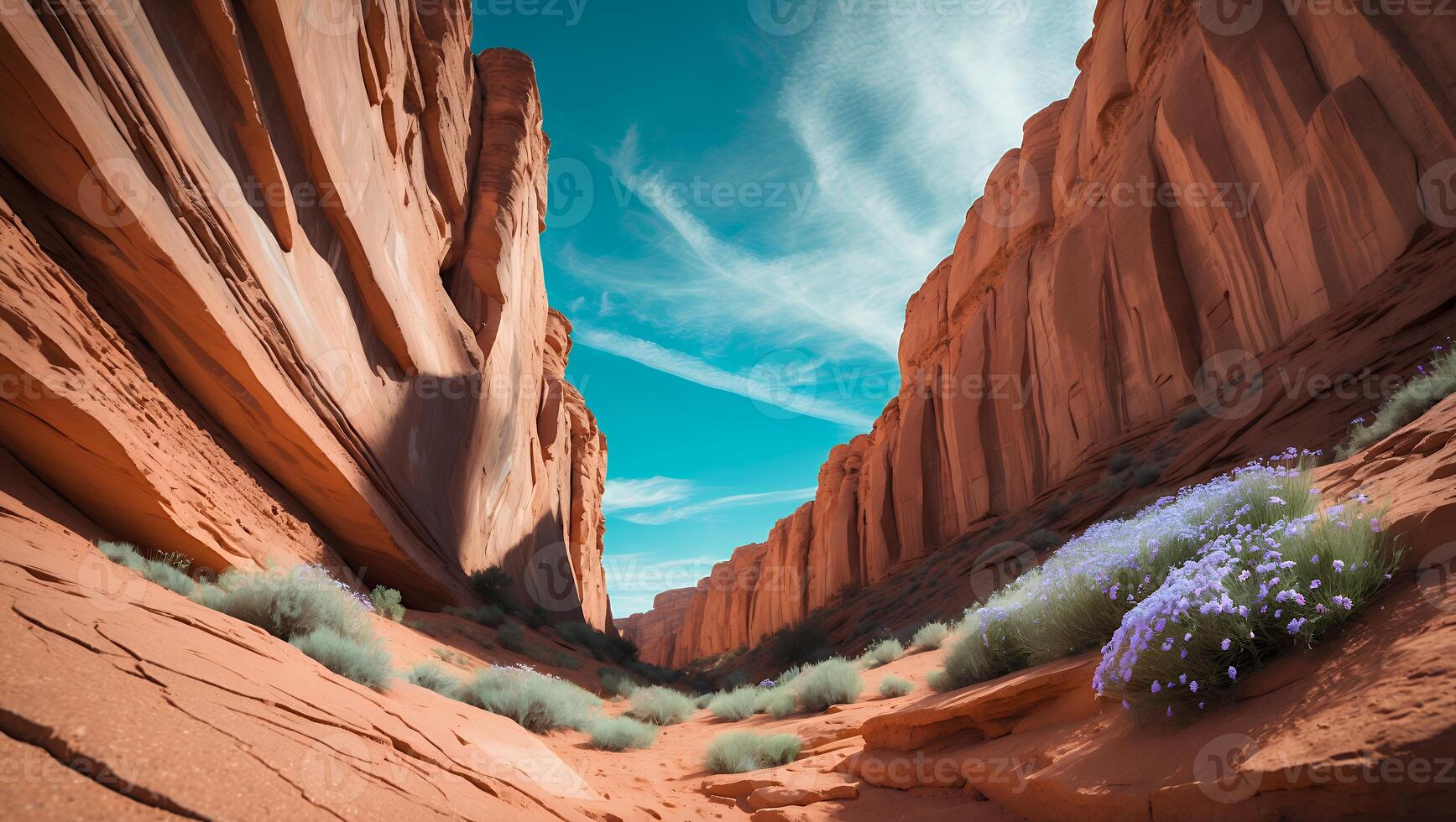Scenic Canyon Landscape with Rock Formation and Desert Flower photo