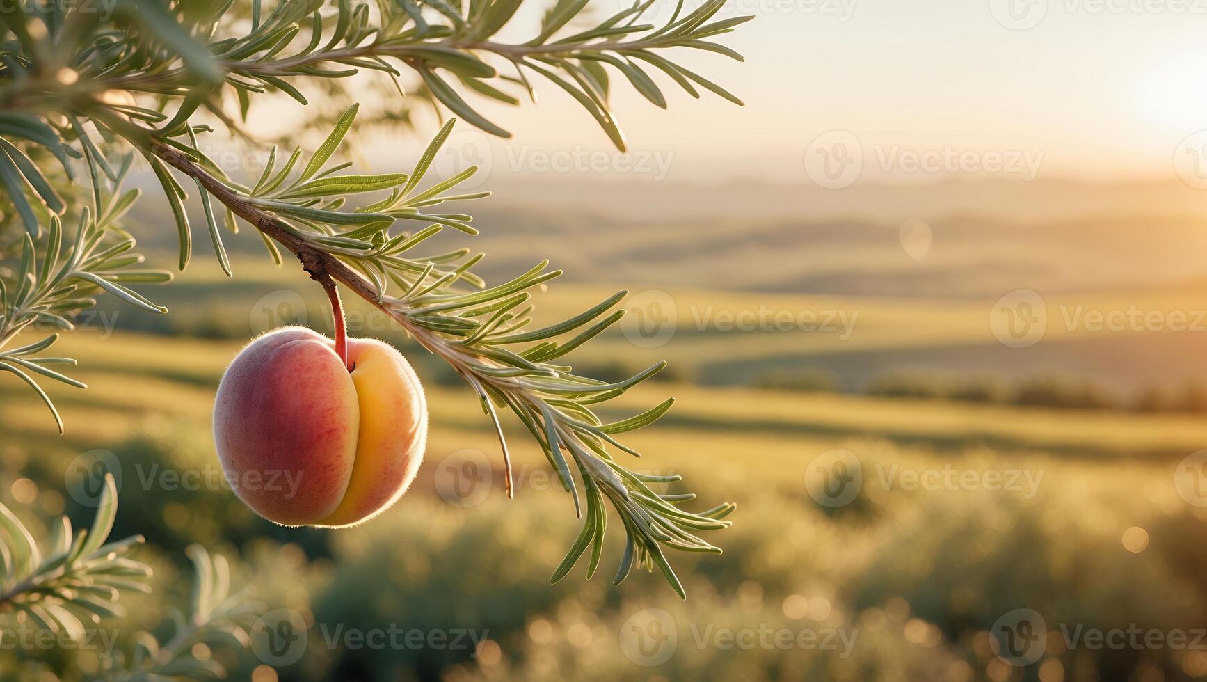 Peach Growing on a Tree Branch in a Field photo