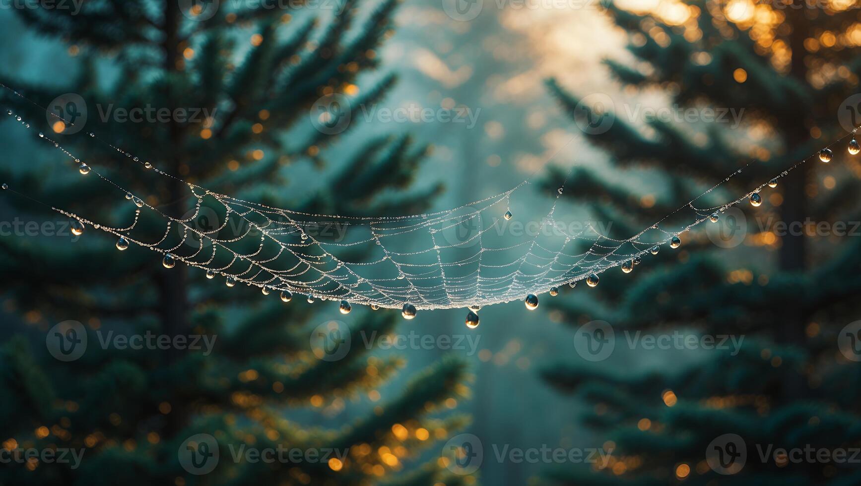 Spiderweb Covered with Dew Drops in Forest photo
