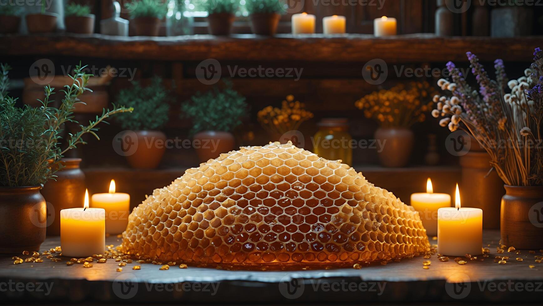 Honeycomb with Candles and Plants in Rustic Setting photo
