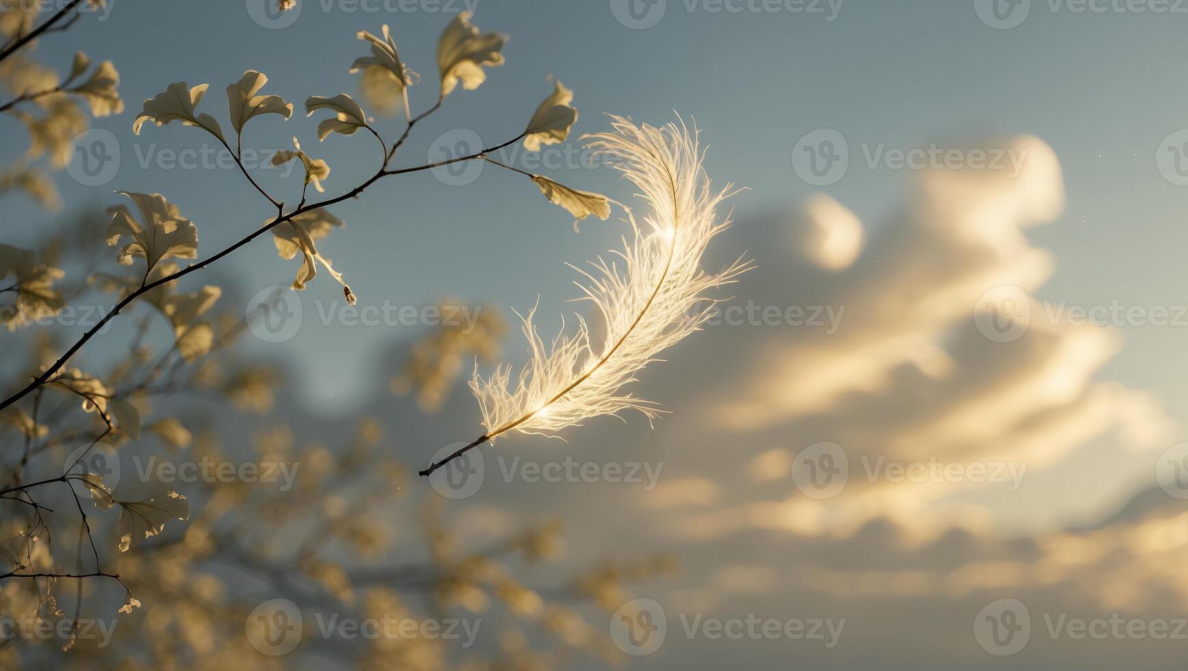 Feather on Branch Against Cloudy Sky photo