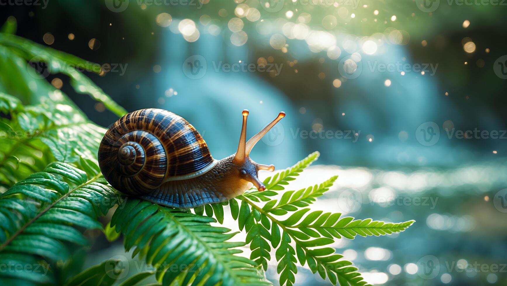 Snail on Fern Leaf with Waterfall Backdrop photo
