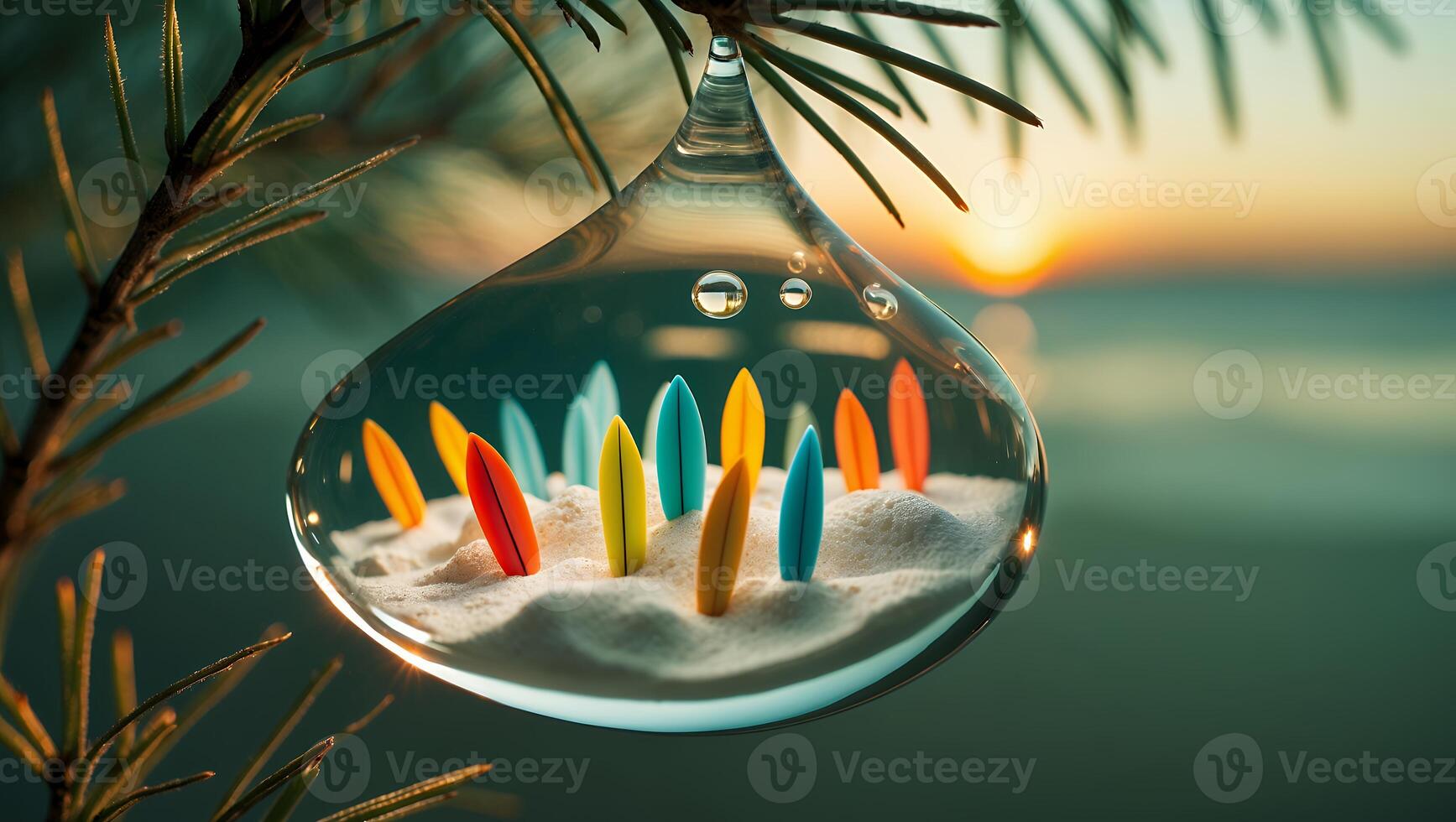 Surfboard Art Inside Glass Bulb Hanging on Tree Branch at Sunset photo