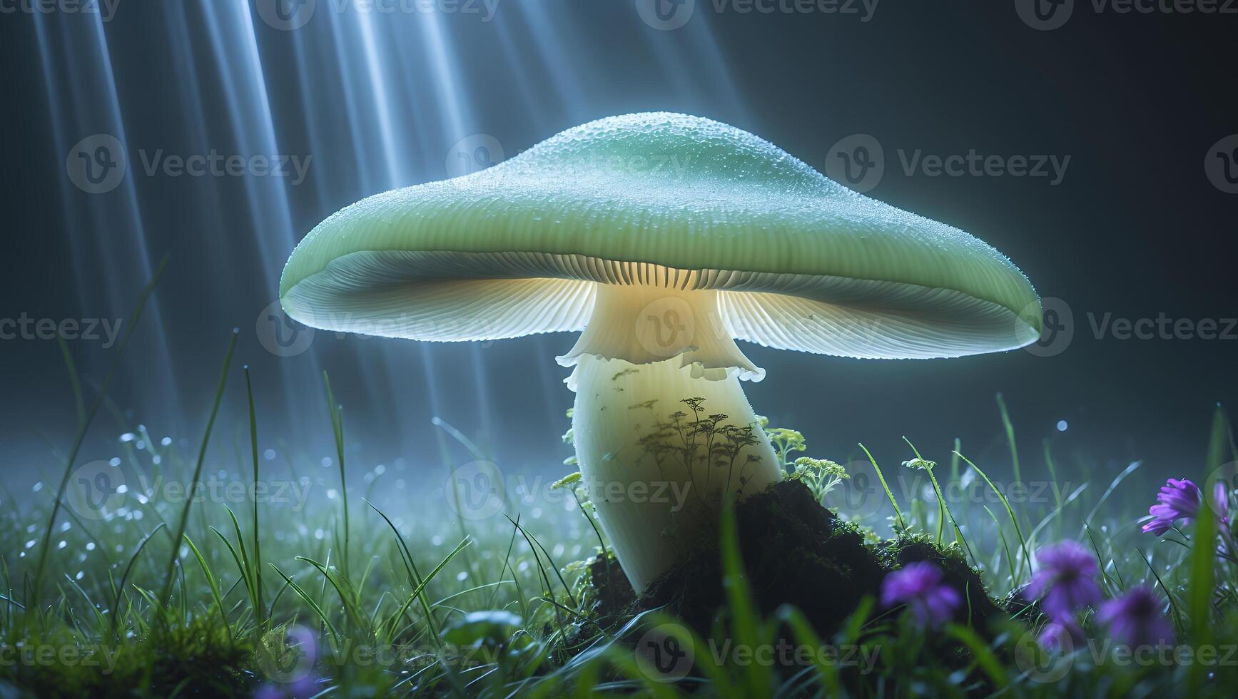 Mushroom Growing in Forest with Sun Rays photo