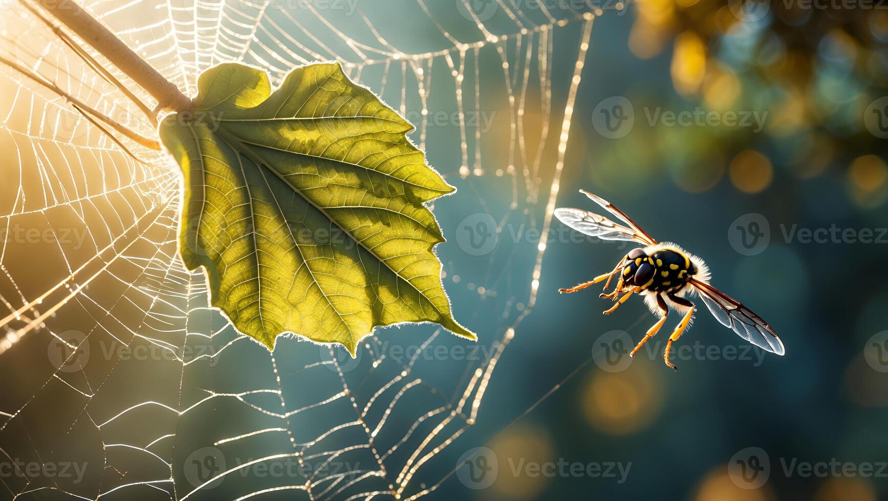 Wasp Flying Near Leaf and Spider Web in Natural Sunlight photo