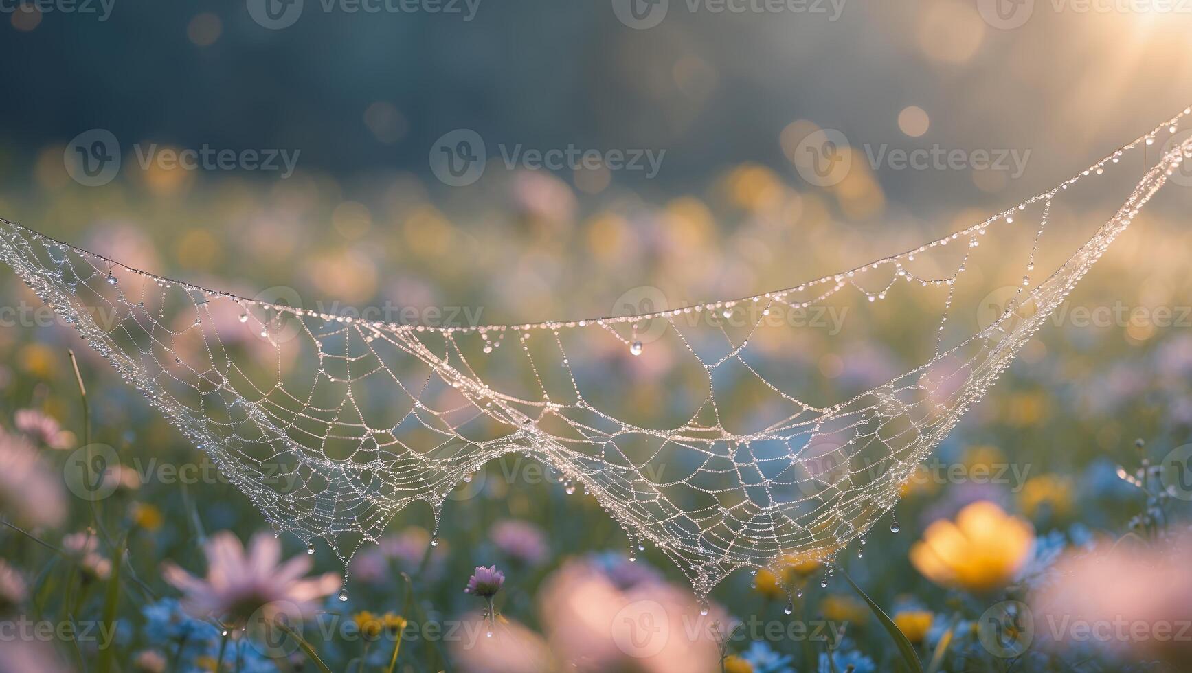 Spiderweb in Field of Flowers with Dew Drops photo