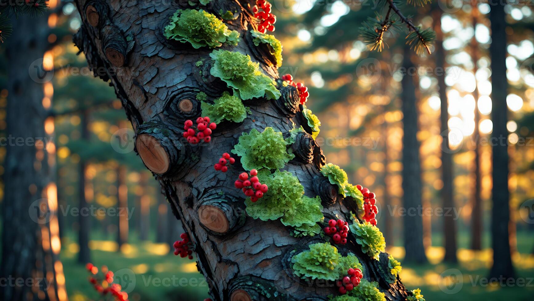 Tree Trunk with Moss and Berries in a Forest photo