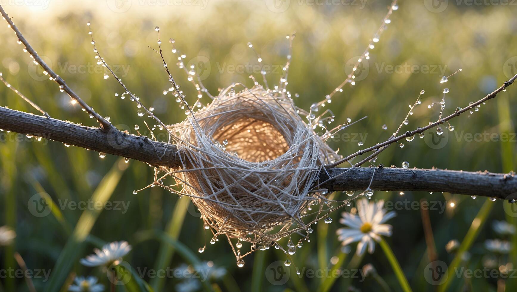 Bird Nest on Branch with Dew Drops in Green Meadow photo