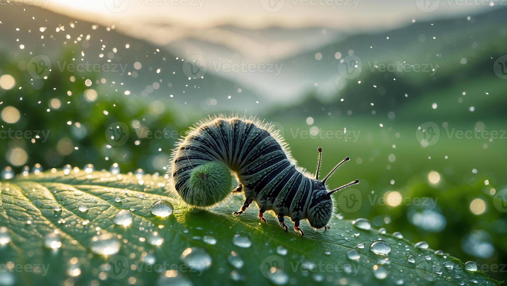 Caterpillar Crawling on Leaf with Water Droplets in Nature photo