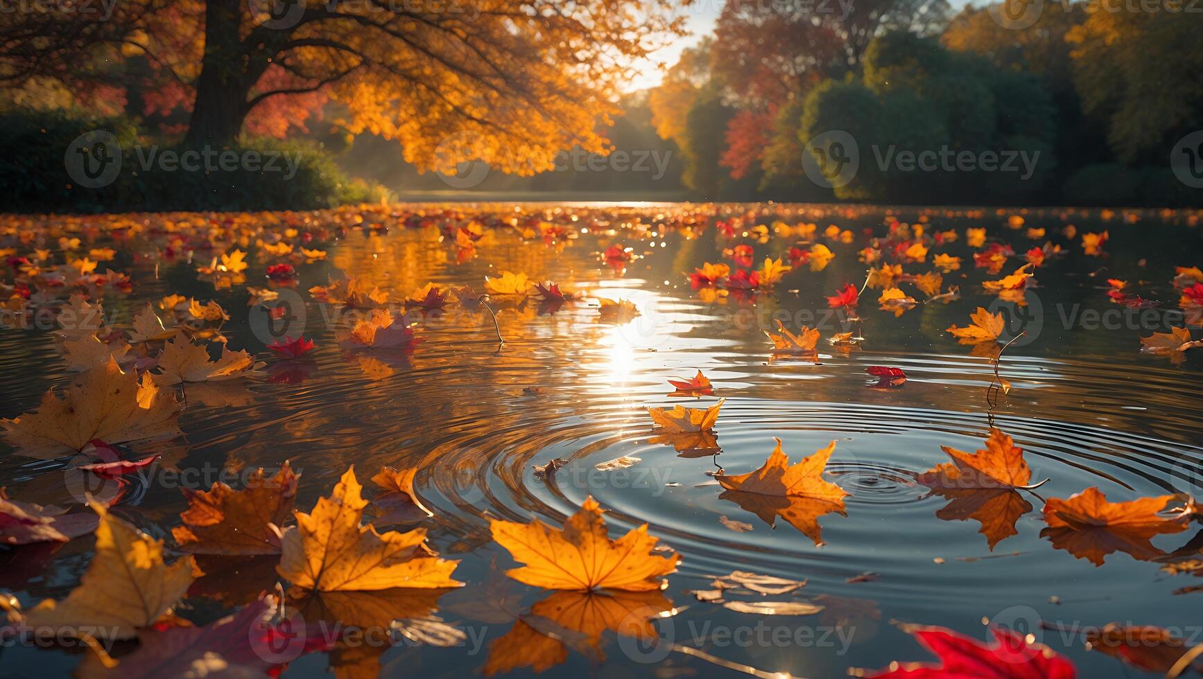 Autumn Leaves Floating on a Serene Lake at Sunset photo