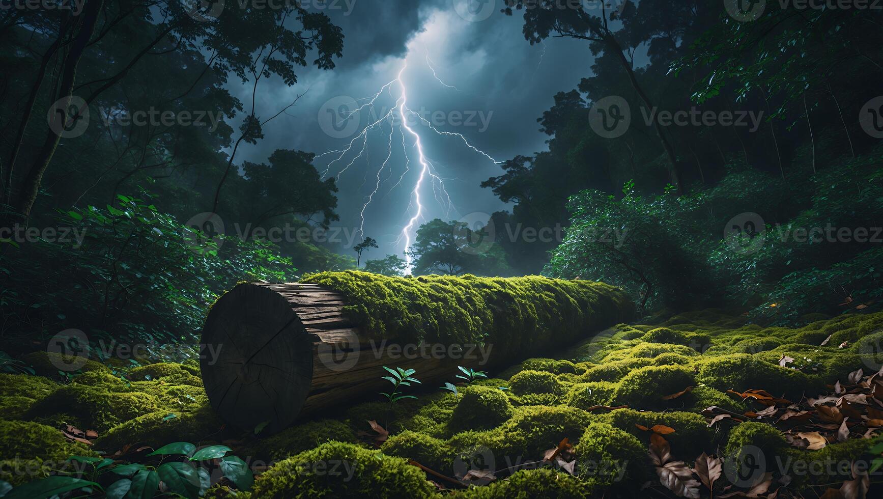 Lightning Strike in Dark Forest with Mossy Log and Green Foliage photo