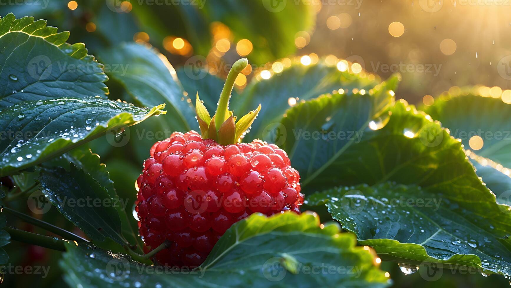 Closeup of Red Berry with Water Drops on Green Leaves photo
