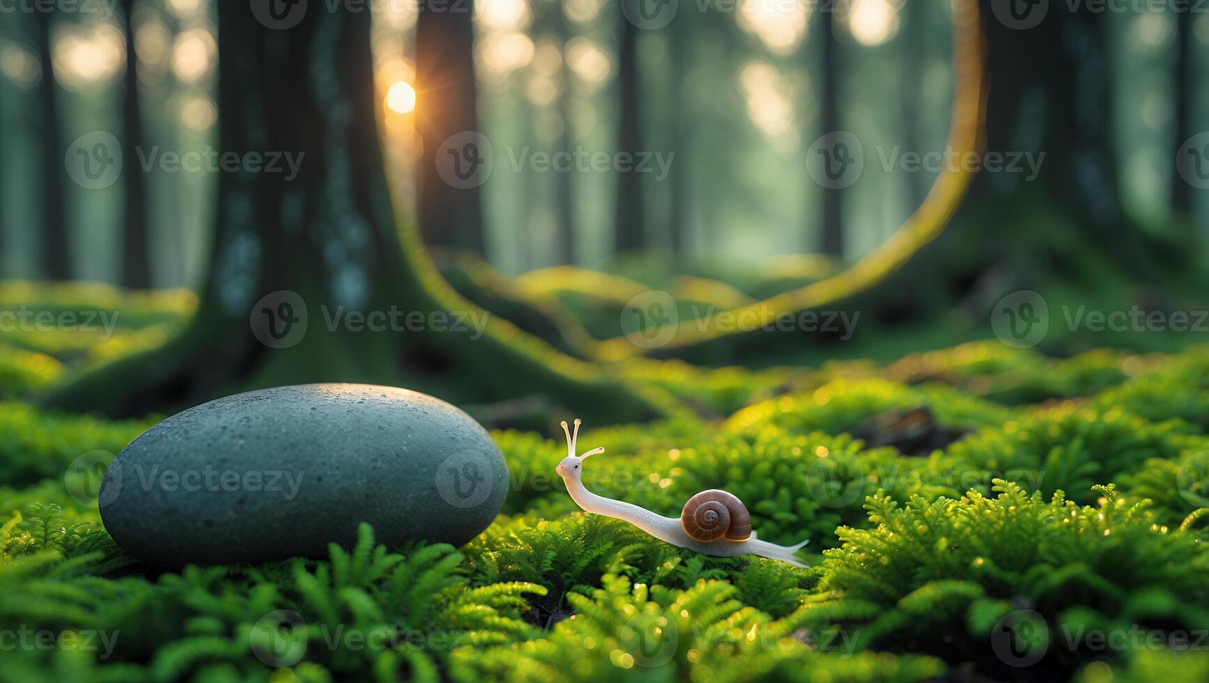 Snail Crawling on Moss with Rock in Forest photo