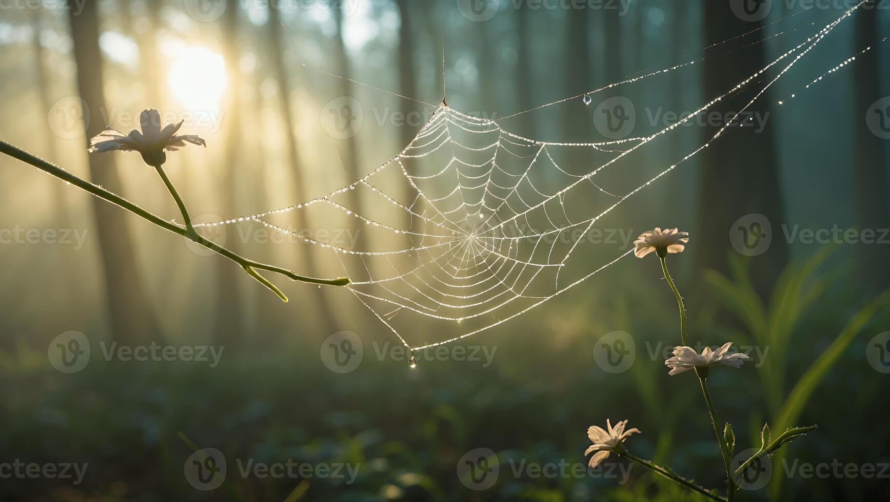 Dew Covered Spider Web in Forest with White Flowers photo