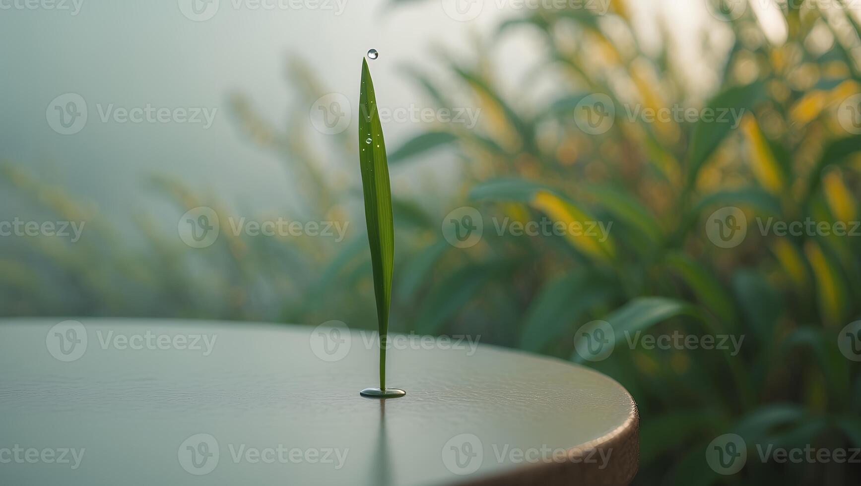 Blade of Grass with Water Drop on Round Table photo