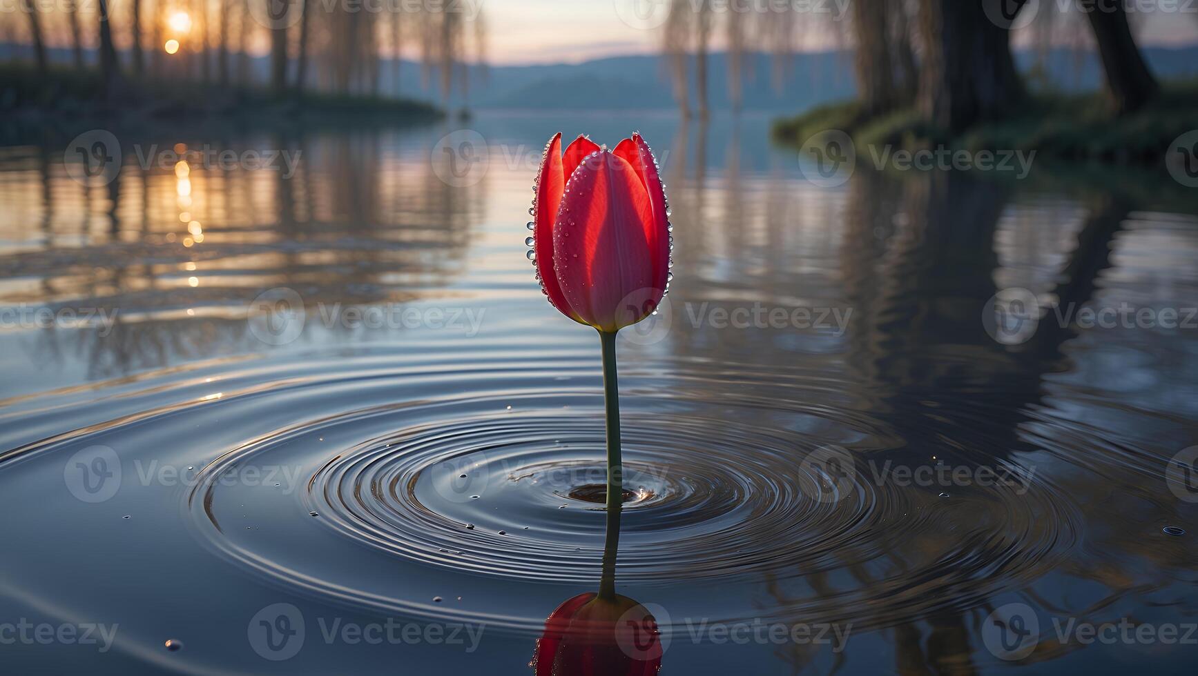 Red Tulip in Lake Water with Reflections at Sunrise photo