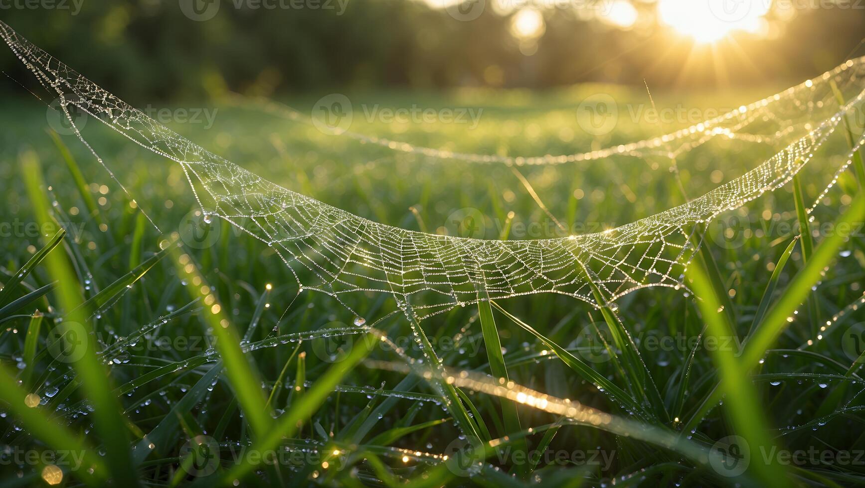 Spiderweb in Grass Covered with Dew in the Morning Light photo