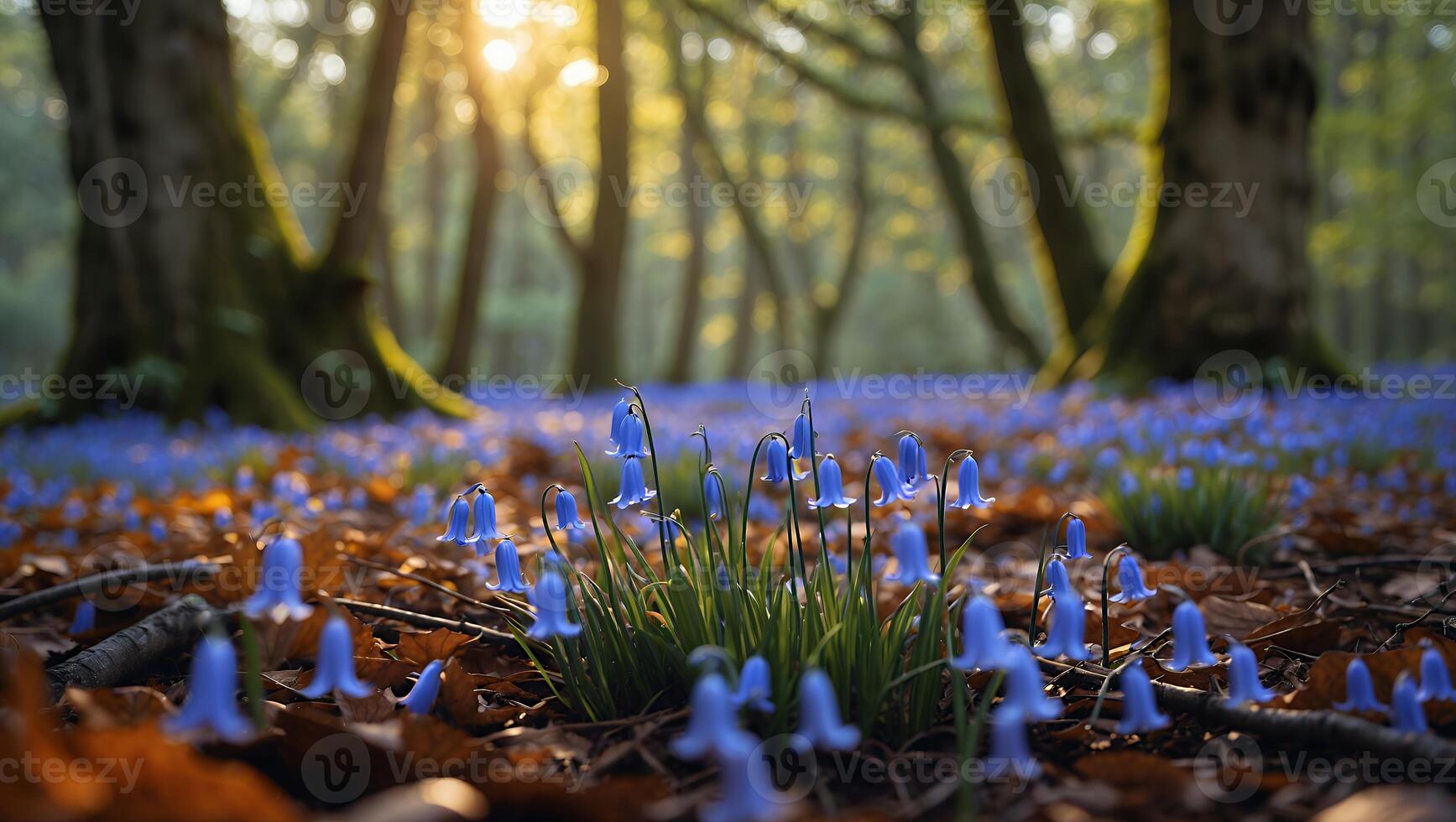 Bluebells in the woods at sunrise photo